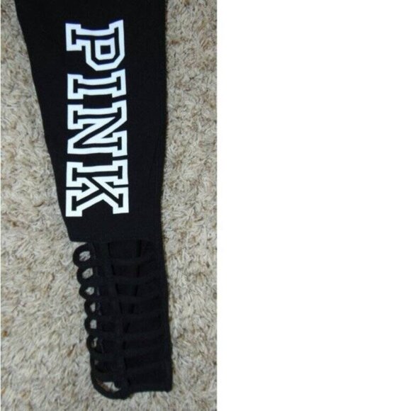 Womens Victorias Secret PINK Yoga Crop Pants Medium Black White Logo Strappy Leg - Picture 6 of 6